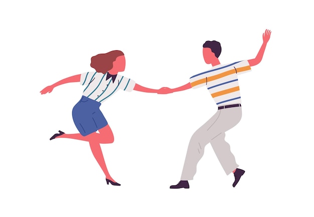 Anonieme artistieke paar hand in hand, samen dansende lindy hop. Paar voeren swing of jive-dans uit. Man en vrouw dansers op retro feest. Platte vectorillustratie geïsoleerd op wit.