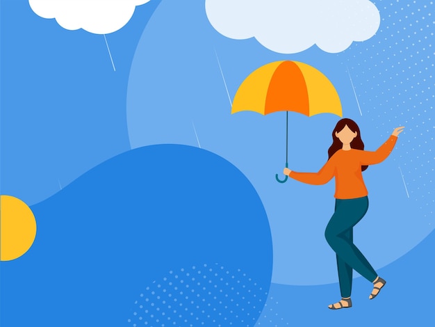 Anonieme tienermeisje met paraplu op regenachtige wolken blauwe achtergrond
