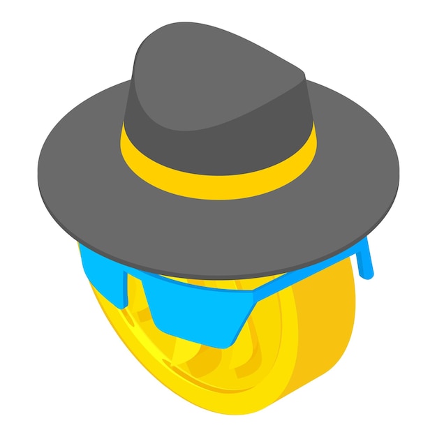 Vector anonymity concept icon isometric vector man hat sunglasses on gold crypto coin digital money cryptocurrency concept