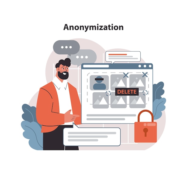 Vector anonymization concept man oversees digital images ready for deletion emphasizing data privacy and