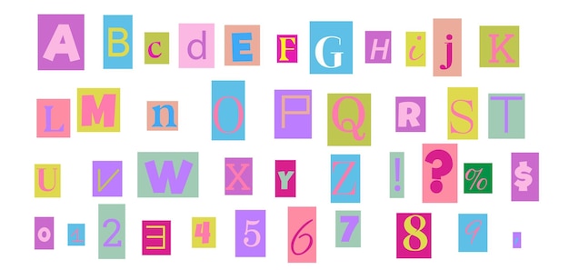 잡지에서 잘라낸 익명의 다채로운 문자 y2k 스타일의 소셜 네트워크 웹에 새겨진 알파벳