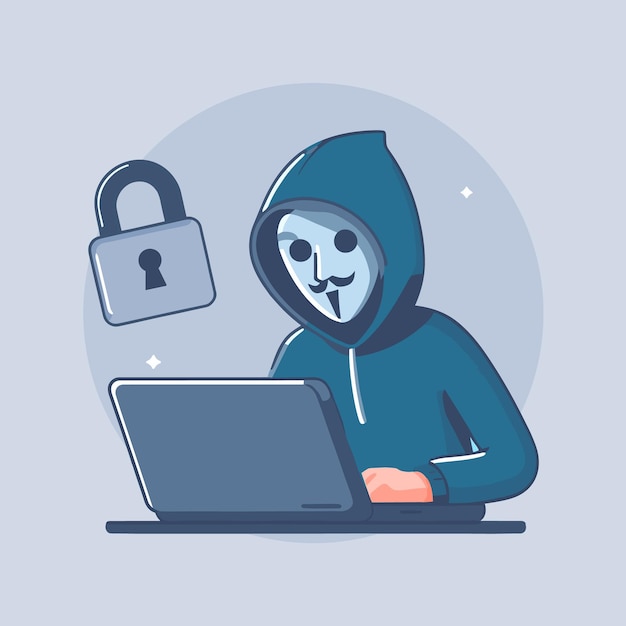 Anonymous hacker using laptop computer in incognito mode vector illustration concept