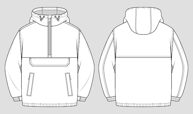 Vector anorak jacket oversized coat with hood and front pocket vector technical sketch mockup template