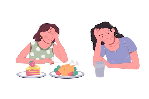 Vector anorexia eating disorder illustration of a sad woman with food