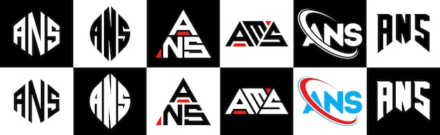 Vettore ans letter logo design in sei stili ans poligono cerchio triangolo esagono piatto e semplice stile con variazione di colore bianco e nero lettera logo set in un artboard ans logo minimalista e classico