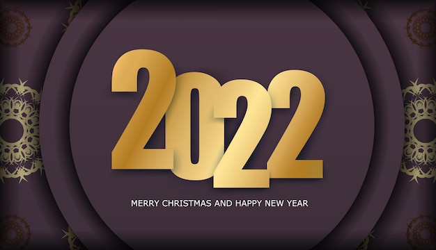 Ansichtkaart 2022 Happy New Year bordeaux kleur met vintage gouden ornament