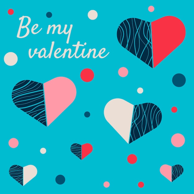 Ansichtkaart banner knop achtergrond voor Valentijnsdag met helften van harten en tekst Be my valentine op een blauwe achtergrond