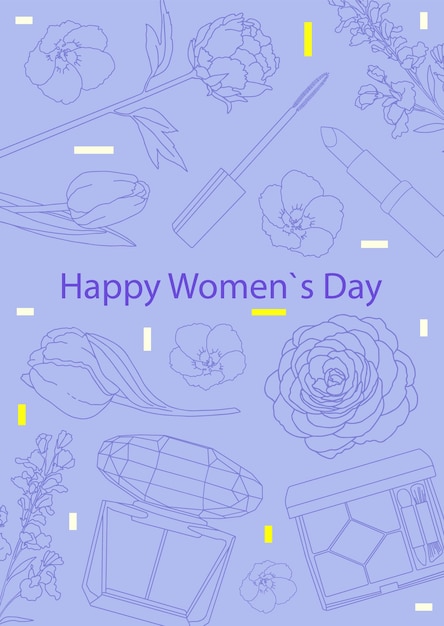 Ansichtkaart Happy womans day Vlakke afbeelding met bloemen en cosmetica