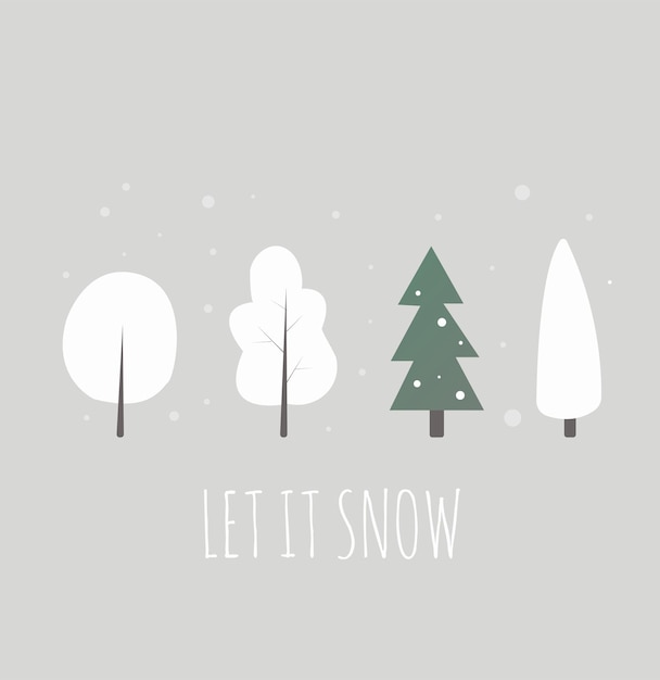 ansichtkaart met besneeuwde winterbomen en een groene kerstboom