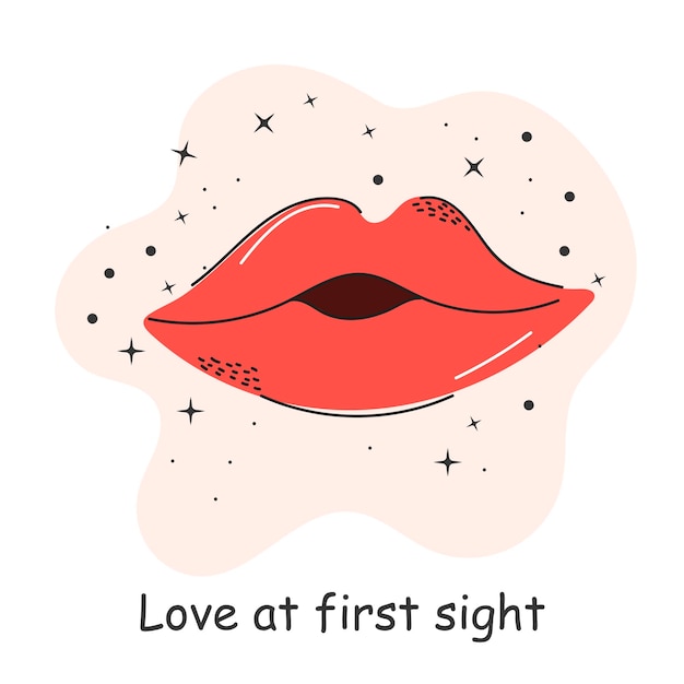 Ansichtkaart met een inscriptie over liefde Kiss Valentijnsdag Vectorillustratie met elementen op een witte achtergrond