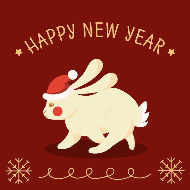 Vector ansichtkaart met een konijn op een rode achtergrond nieuwjaar 2023