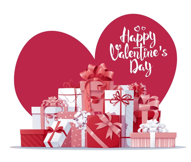 Vector ansichtkaart met geschenkdozen voor valentijnsdag grote stapel geschenken met satijnen strikken banner poster achtergrond voor een romantische vakantie