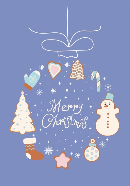 Ansichtkaart met peperkoekkoekjes en de inscriptie Merry Christmas Vector graphics