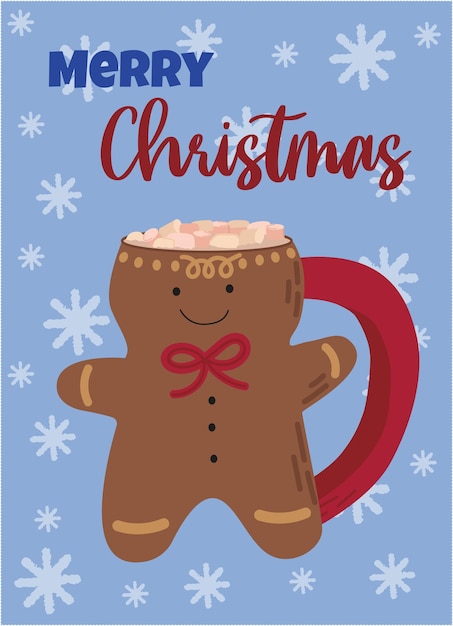 Ansichtkaart met wintervakantie warme drank. Winterseizoen illustratie. Gingerbread man mok.