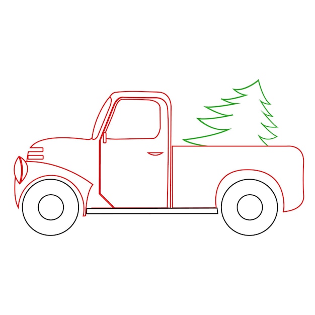 Ansichtkaart of poster van een retro pick-up truck draagt een kerstboom. Nieuwjaar Kerstmis
