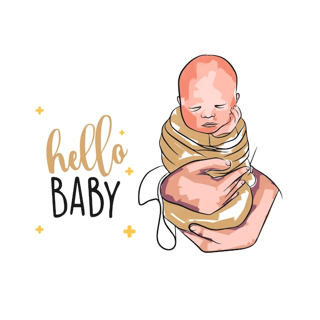 Vector ansichtkaart voor pasgeborenen baby in moeders handen hallo baby pastel penseel