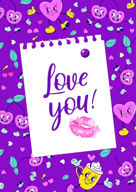 Ansichtkaart voor Valentijnsdag Love you Note met een kus harten kersen Trendy oude retro cartoon stijl neonkleuren Vintage vectorillustratie voor posters ansichtkaarten banners afdrukken op stof