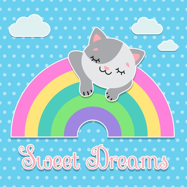 Ansichtkaart zoete dromen de kat slaapt op de regenboog pastelpalet schattige eenvoudige platte vector