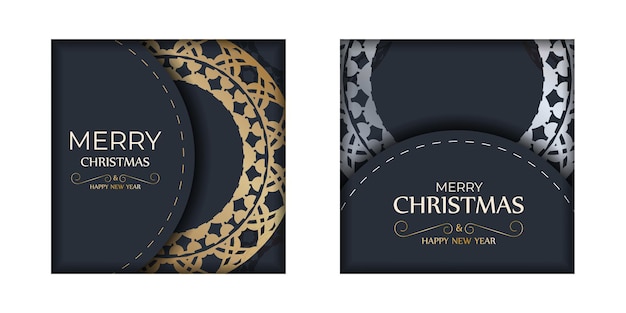 Ansichtkaartsjabloon Vrolijk kerstfeest in donkerblauwe kleur met luxe gouden patroon