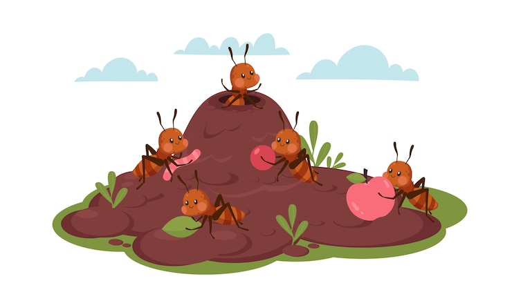 Vector ant colony ants carry fruit and insects working together adorable cute bugs nature characters forest or meadow environment cartoon flat style isolated vector wildlife concept