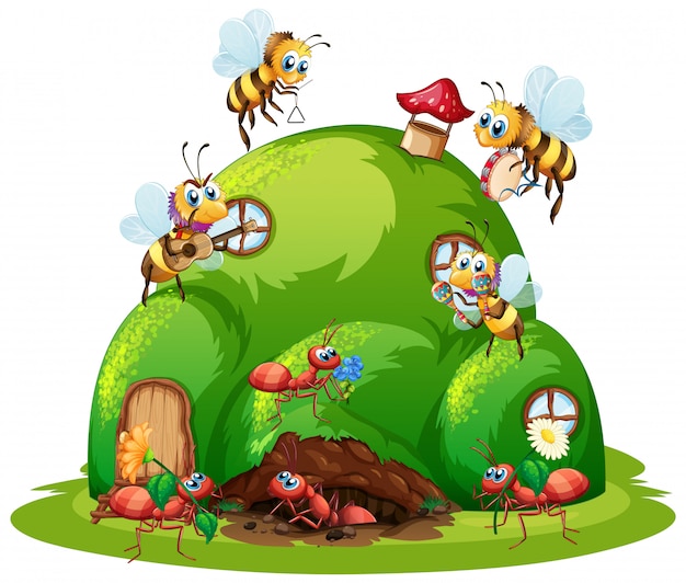 백색 backgrounf에 고립 된 개미 둥지와 꿀벌 만화 스타일