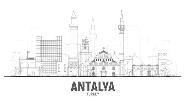 Orizzonte della linea di antalya turchia con panorama su sfondo blu illustrazione vettoriale concetto di viaggi d'affari e turismo con edifici moderni immagine per cartellone banner di presentazione e sito web