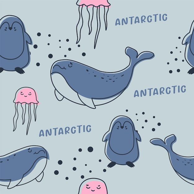 Antarctic animals sea creature seamless pattern