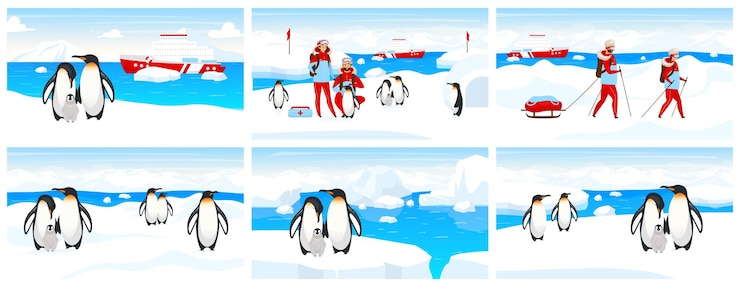 Vector antarctic expedition flat . emperor penguin colony on iceberg. north pole landscape with people and creatures. trekking group in snow. veterinarian and animal cartoon characters