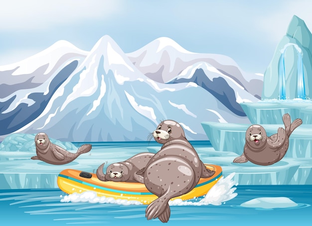 Vector antarctica landscape with seal in inflatable boat