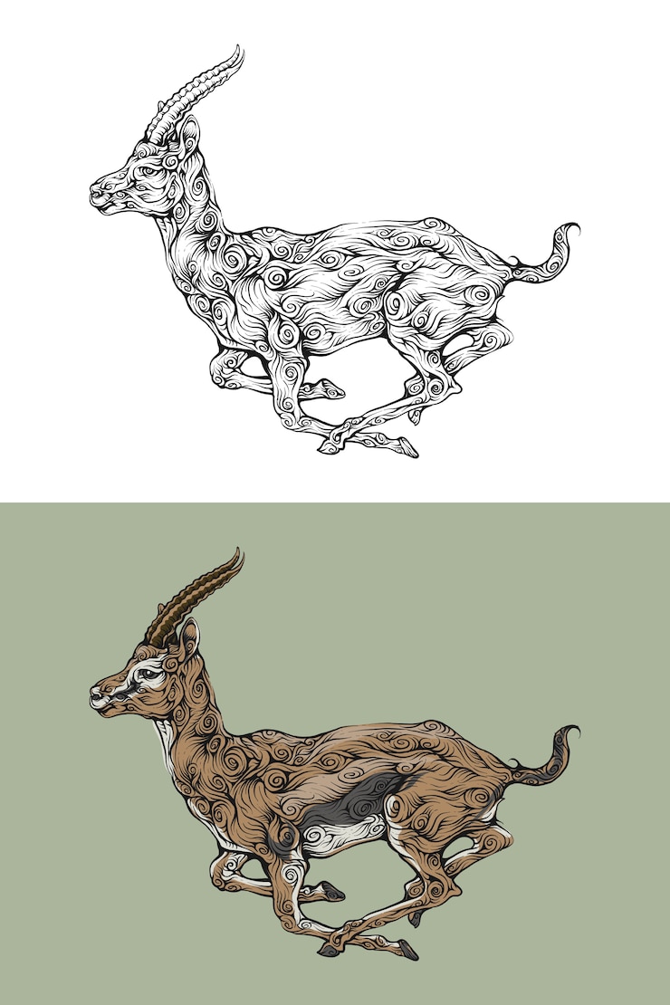 Vector antelope in curly hand drawing style