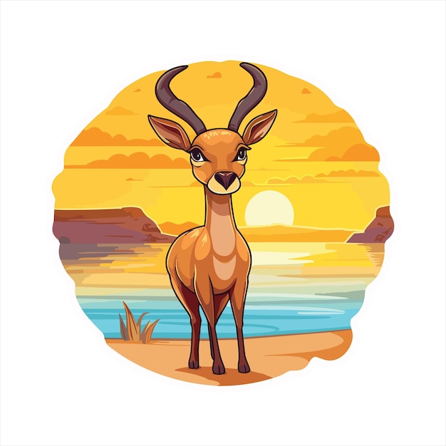 Antelope Cute Funny Cartoon Kawaii Watercolor Beach Summer Sunset Animal Pet Sticker Illustration