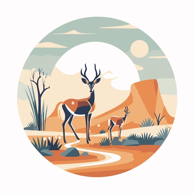 Vector antelope in the desert vector illustration in a flat style