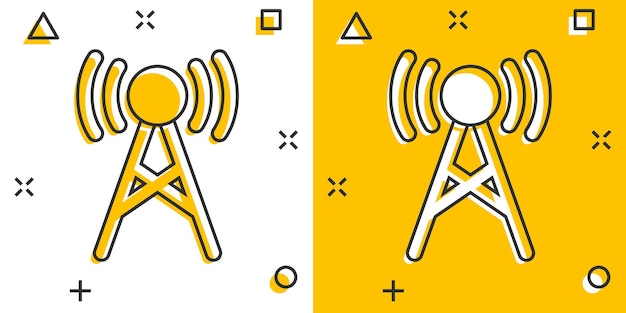 Antenne toren pictogram in komische stijl Broadcasting cartoon vectorillustratie op witte geïsoleerde achtergrond Wifi splash effect bedrijfsconcept