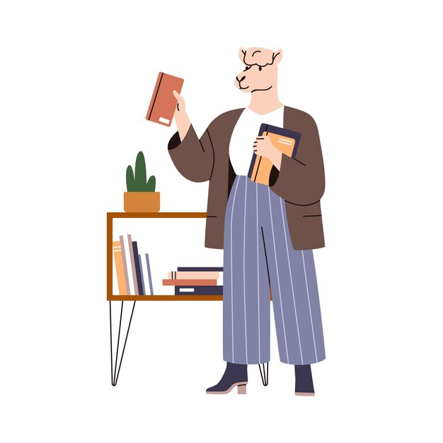 Vector anthropomorfe dierlijke lezer met boeken slimme lama personage staand het kiezen van zakelijke literatuur om te lezen leraar op bibliotheekplank platte vector illustratie geïsoleerd op witte achtergrond