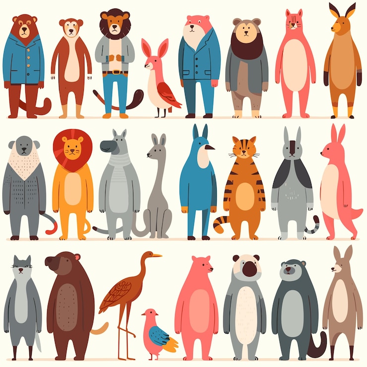 平らなスタイルで隣り合わせに立っている人形動物