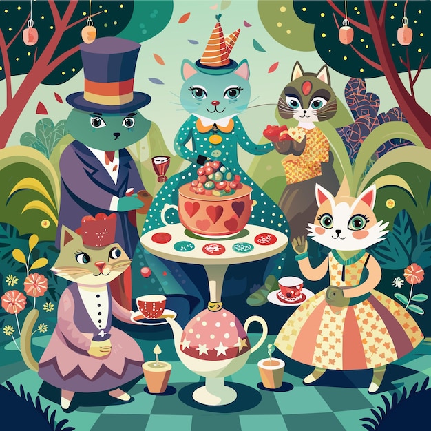 Vector anthropomorphic cats at a fantasy tea party generative ai