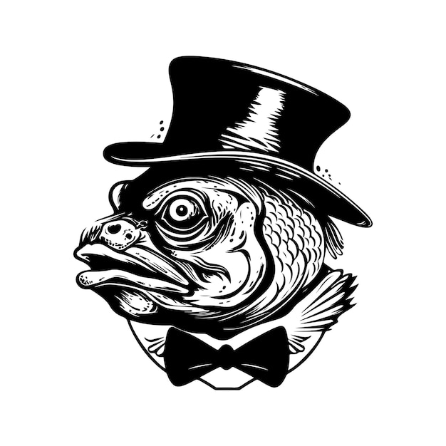 Anthropomorphic fish vintage logo line art concept black and white color hand drawn illustration