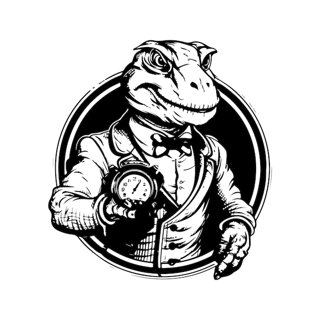 Anthropomorphic komodo dragon vintage logo line art concept black and white color hand drawn illustration