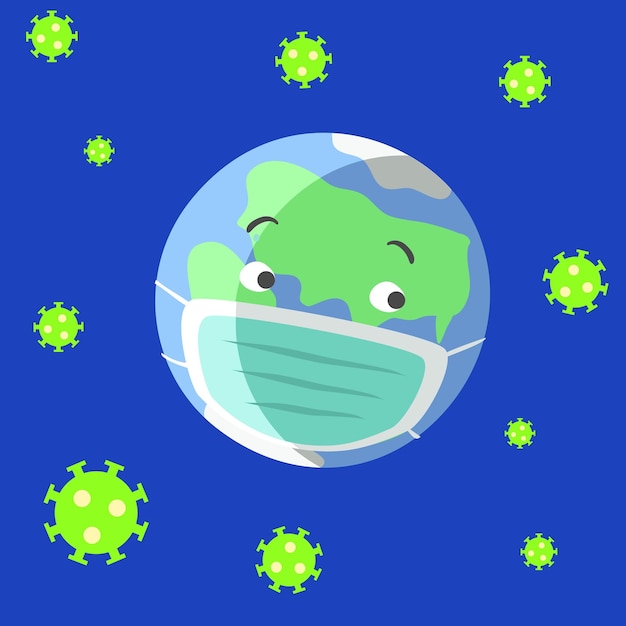 Anthropomorphic planet earth in a mask coronavirus