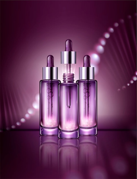 Vector anti aging cosmetic package design with glowing helix structure behind the droplet bottles in 3d style