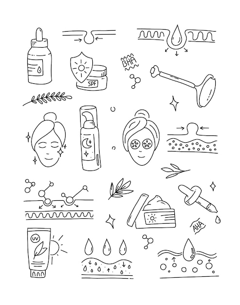 Anti aging skin treatment icons set doodle collection face and beauty skin care for woman skin cell