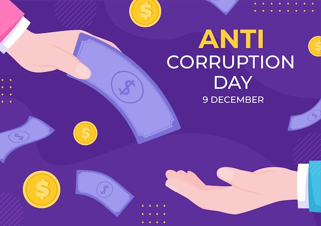 Giornata contro la corruzione che viene commemorata ogni 9 dicembre per dire al pubblico di smettere di dare soldi con un cartello di divieto in un'illustrazione di design piatto