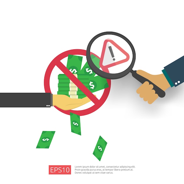 Vector anti corruption, stop and corrupt decline concept. business bribe with money in an envelope and prohibition warning sign.  illustration in flat style for banner, background, and presentation