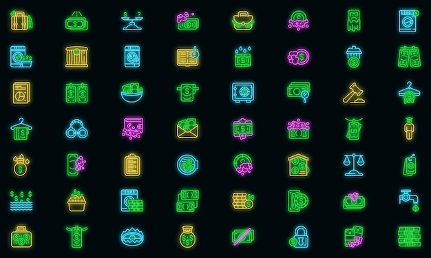 Vector anti-money laundry icons set. outline set of anti-money laundry vector icons neon color on black