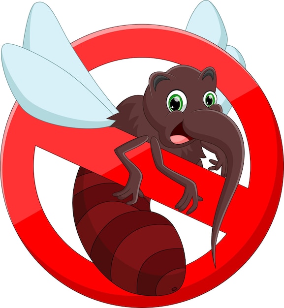 Vector anti mosquito sign with cute cartoon mosquito