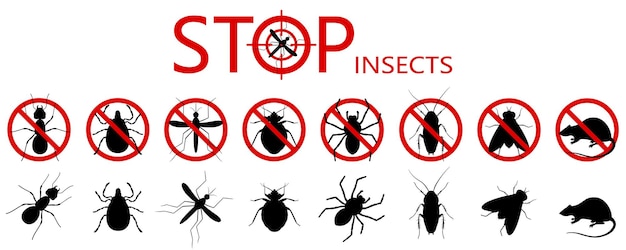 Vettore divieto antiparassitario, divieto insetti parassiti. stop, avviso, set di icone di bug proibito. no, vietare segni di scarafaggi, ragni, mosche, acari, zecche, zanzare, formiche, ratti, insetti