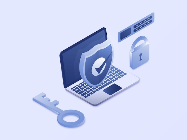 Protezione della sicurezza dei dati antivirus con illustrazione vettoriale isometrica dell'icona dello scudo 3d