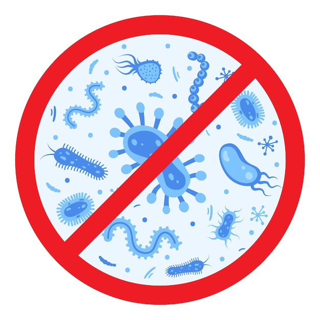 Вектор Икона антибактериальной обороны остановить бактерии и вирусы запретный знак антисептический различные бактерии