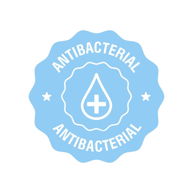 Antibacterieel label vectorbadges met schone druppel met kruis voor pakketontwerp antibacteriële vectorstickerontwerp