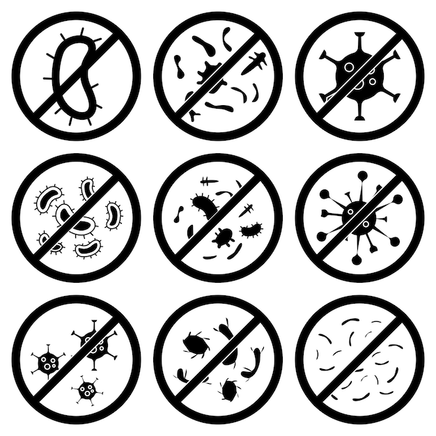 Antibacteriële pictogrammen. Stop van virussen, ziektekiemen en microben, verbodsbadges. Antibacteriële en antivirale verdediging, bescherming tegen infectie. Set van antibacteriële teken. Geen bacteriën, pictogrammen. Vector